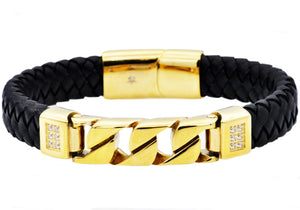 Mens Black Leather And Gold Stainless Steel Curb Link Bracelet With Cubic Zirconia - Blackjack Jewelry