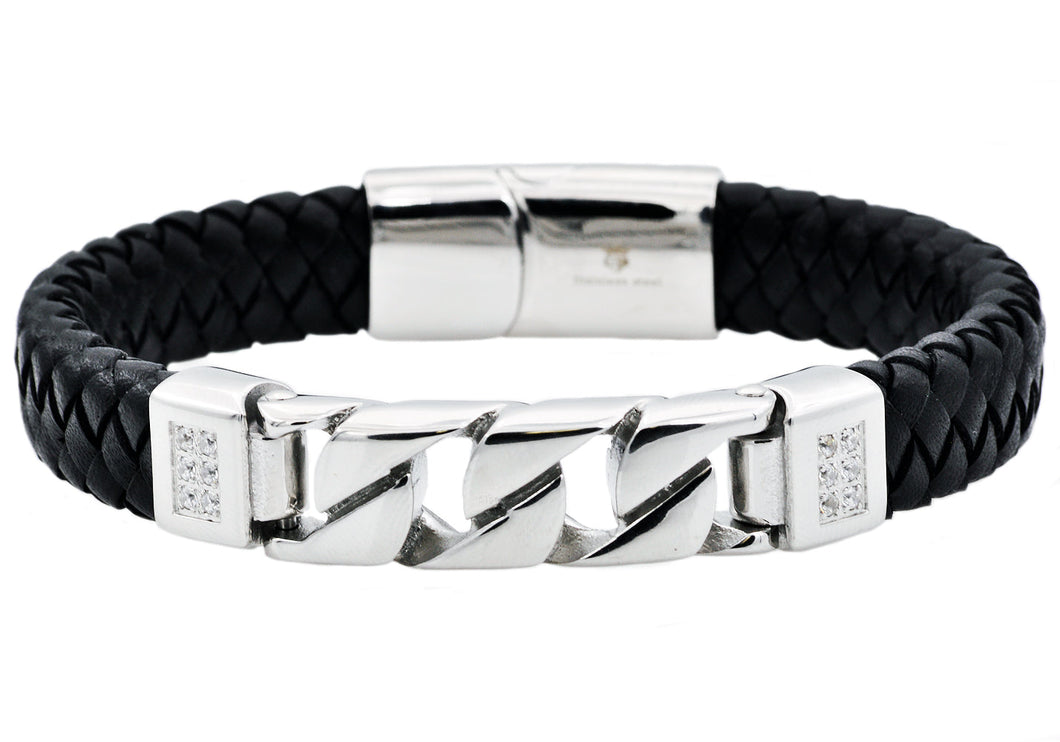 Mens Black Leather And Stainless Steel Imitation Curb Link Bracelet With Cubic Zirconia - Blackjack Jewelry