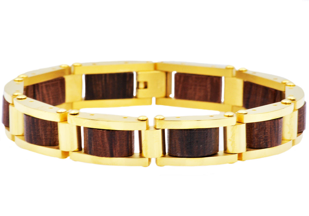Mens Gold Stainless Steel And Wood Bracelet - Blackjack Jewelry