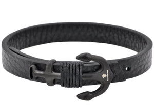 Mens Black Leather Black Stainless Steel Anchor Bracelet With Adjustable Strap - Blackjack Jewelry