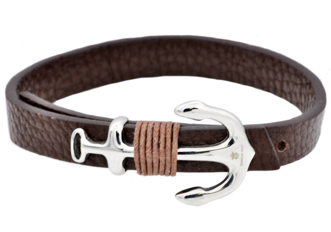 Mens Brown Leather Stainless Steel Anchor Bracelet With Adjustable Strap - Blackjack Jewelry