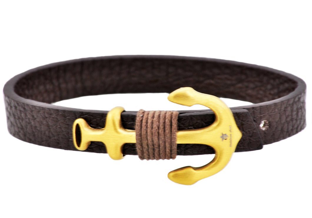 Mens Brown Leather Gold Stainless Steel Anchor Bracelet With Adjustable Strap - Blackjack Jewelry