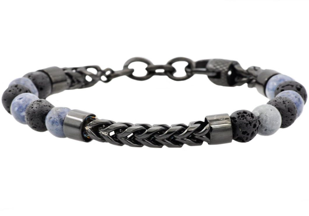 Mens Genuine Labradorite And Onyx Black Plated Stainless Steel Beaded And Franco Link Chain Bracelet With Adjustable Clasp - Blackjack Jewelry