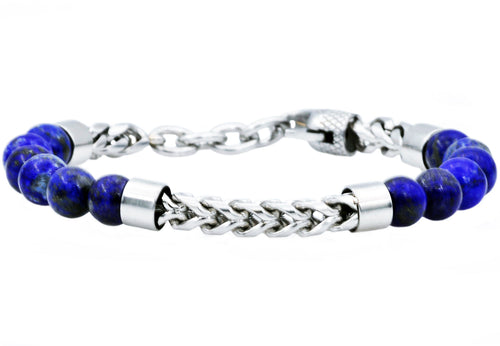Mens Genuine Lapis Lazuli Stainless Steel Beaded And Franco Link Chain Bracelet With Adjustable Clasp - Blackjack Jewelry