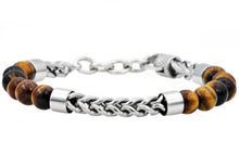 Load image into Gallery viewer, Mens Genuine Tiger Eye Stainless Steel Beaded And Franco Link Chain Bracelet With Adjustable Clasp - Blackjack Jewelry
