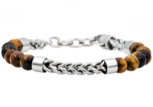Mens Genuine Tiger Eye Stainless Steel Beaded And Franco Link Chain Bracelet With Adjustable Clasp - Blackjack Jewelry