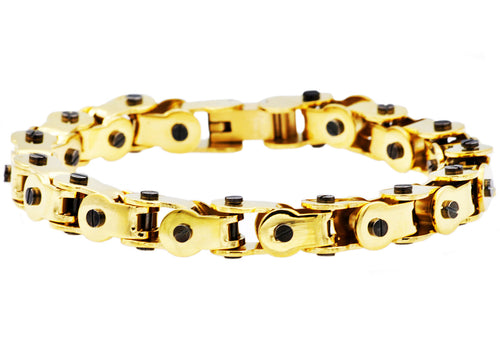 Mens Gold Stainless Steel Bicycle Link Bracelet With Black Screws - Blackjack Jewelry