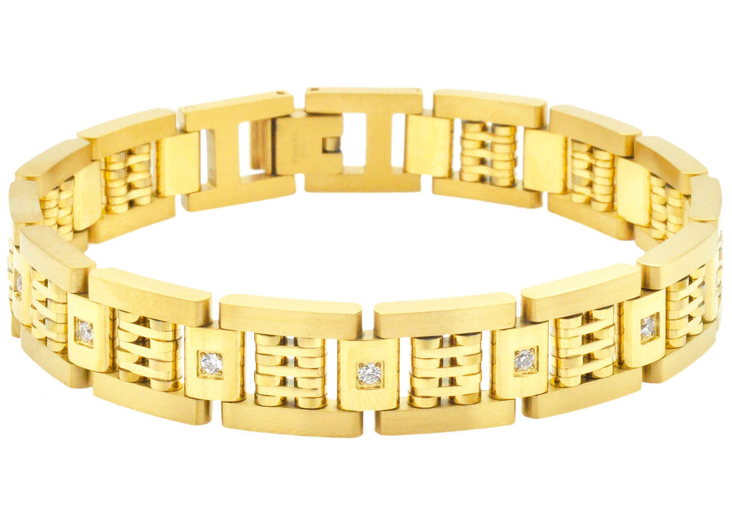 Mens Gold Plated Stainless Steel Bracelet With Cubic Zirconia - Blackjack Jewelry