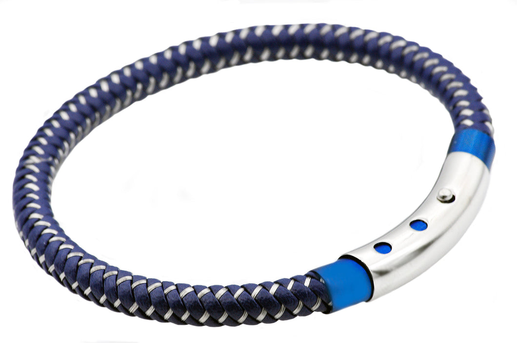 Mens Blue Leather And Black Stainless Steel Bracelet