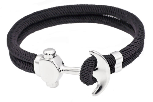 Mens Black Twisted Cotton Rope Stainless Steel Anchor Bracelet - Blackjack Jewelry