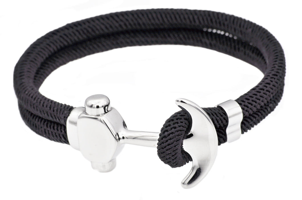 Mens Black Twisted Cotton Rope Stainless Steel Anchor Bracelet
