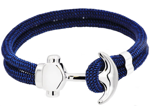 Mens Navy Twisted Cotton Rope Stainless Steel Anchor Bracelet - Blackjack Jewelry