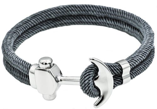 Mens Gray Twisted Cotton Rope Stainless Steel Anchor Bracelet - Blackjack Jewelry