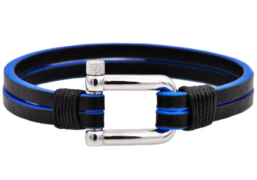 Mens Black And Blue Leather Stainless Steel Bracelet - Blackjack Jewelry