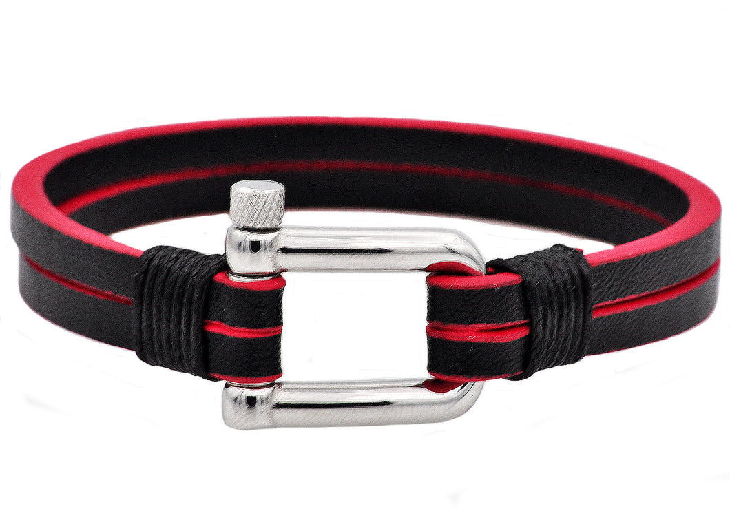 Mens Black And Red Leather Stainless Steel Bracelet - Blackjack Jewelry