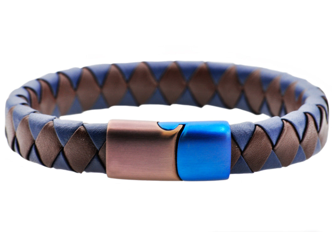 Mens Brown And Blue Leather Brown And Blue Stainless Steel Bracelet - Blackjack Jewelry