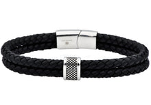 Load image into Gallery viewer, Mens Double Braided Black Leather Stainless Steel Bracelet - Blackjack Jewelry
