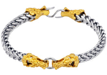 Load image into Gallery viewer, Mens Two Tone Gold Stainless Steel Franco Link Chain Dragon Bracelet - Blackjack Jewelry
