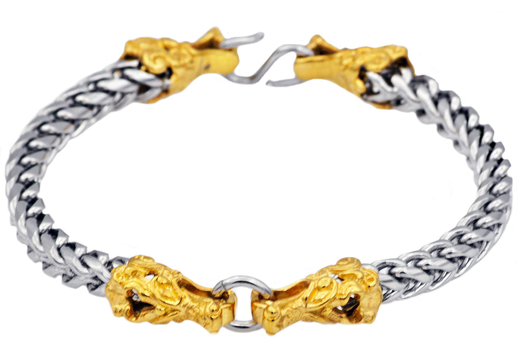 Mens Two Tone Gold Stainless Steel Franco Link Chain Dragon Bracelet - Blackjack Jewelry