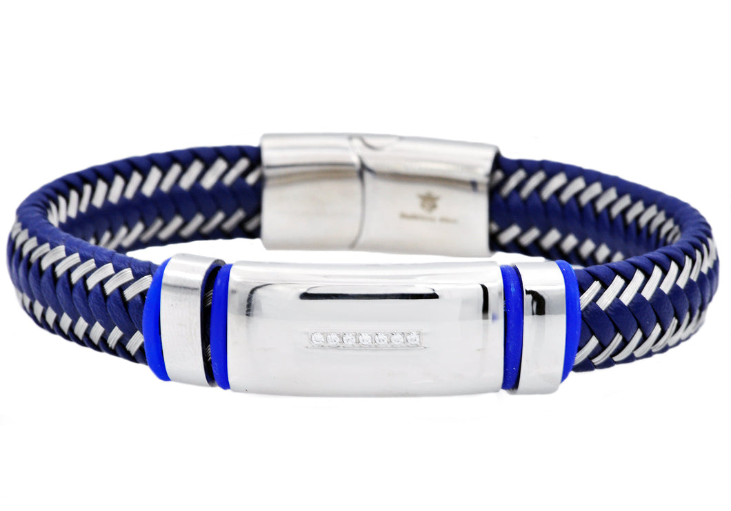 Mens Blue Leather And Blue Stainless Steel Bracelet With Cubic Zirconia - Blackjack Jewelry