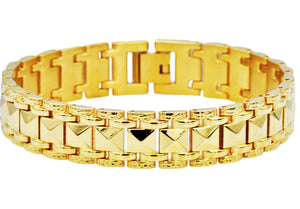 Mens Gold Stainless Steel Pyramid Link Bracelet - Blackjack Jewelry