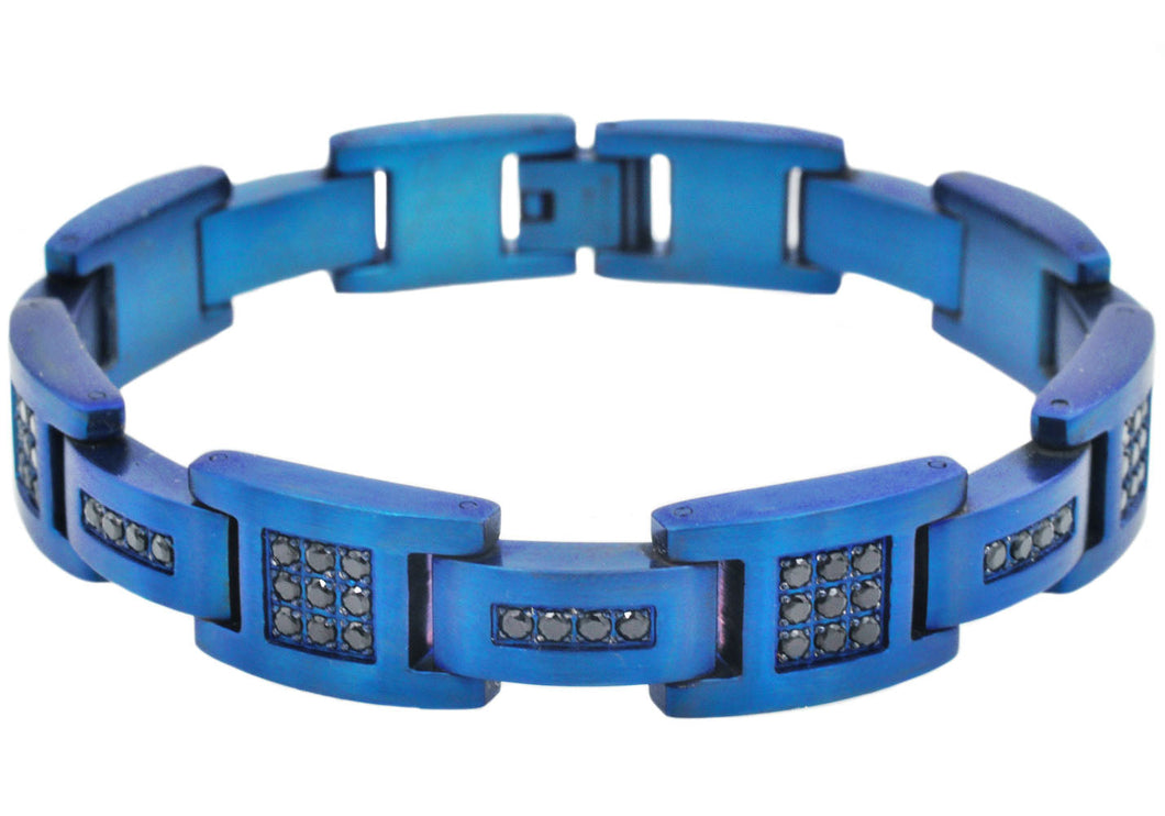 Mens Matte Blue  Stainless Steel Bracelet With Cubic Zirconia - Blackjack Jewelry