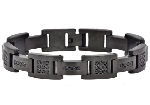 Mens Matte Black  Stainless Steel Bracelet With Cubic Zirconia - Blackjack Jewelry