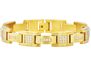 Mens Matte Gold Stainless Steel Bracelet With Cubic Zirconia - Blackjack Jewelry