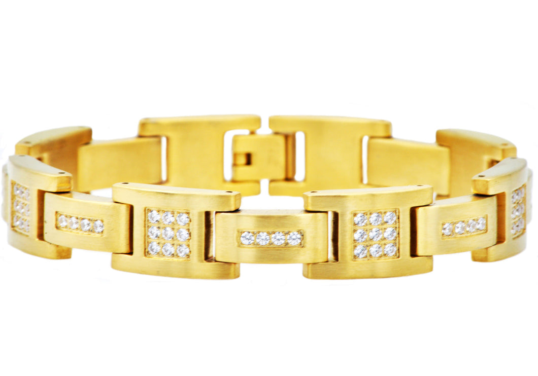 Mens Matte Gold Stainless Steel Bracelet With Cubic Zirconia - Blackjack Jewelry