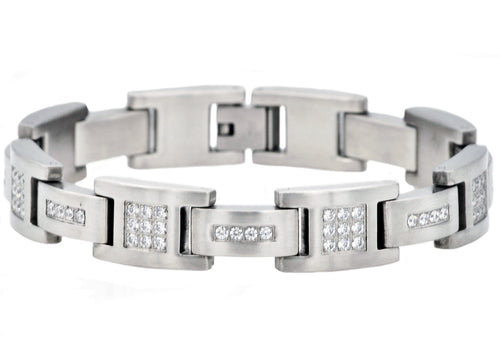 Mens Matte Stainless Steel Bracelet With Cubic Zirconia - Blackjack Jewelry