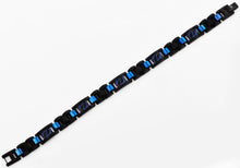 Load image into Gallery viewer, Mens Black And Blue Stainless Steel Link Bracelet With Blue Stripes - Blackjack Jewelry
