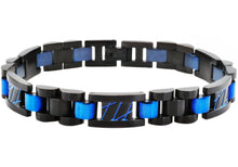 Load image into Gallery viewer, Mens Black And Blue Stainless Steel Link Bracelet With Blue Stripes - Blackjack Jewelry
