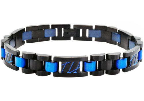 Mens Black And Blue Stainless Steel Link Bracelet With Blue Stripes - Blackjack Jewelry