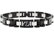 Load image into Gallery viewer, Mens Black Stainless Steel Link Bracelet With White Stripes - Blackjack Jewelry

