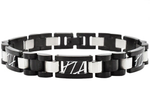 Mens Black Stainless Steel Link Bracelet With White Stripes - Blackjack Jewelry