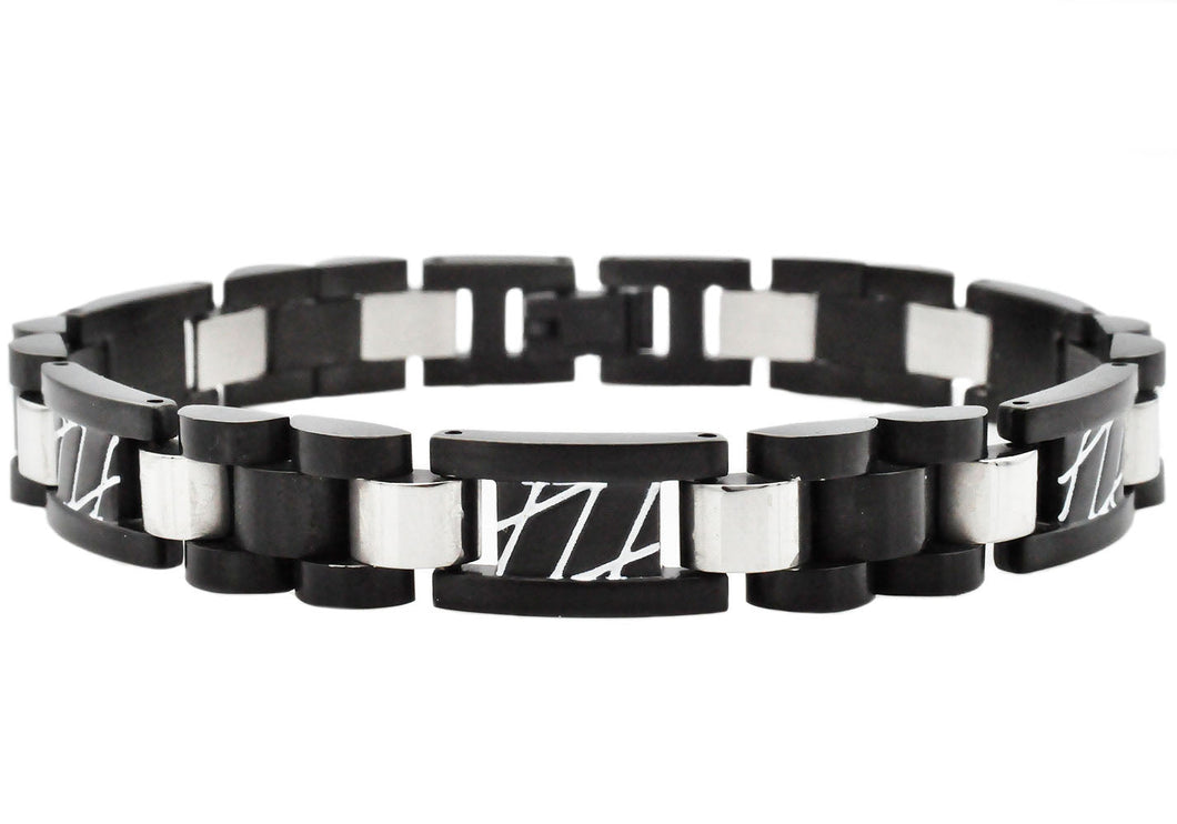 Mens Black Stainless Steel Link Bracelet With White Stripes - Blackjack Jewelry