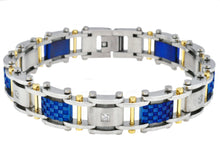 Load image into Gallery viewer, Mens Blue And Gold Stainless Steel Bracelet With Cubic Zirconia - Blackjack Jewelry
