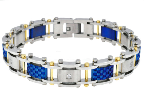 Mens Blue And Gold Stainless Steel Bracelet With Cubic Zirconia - Blackjack Jewelry