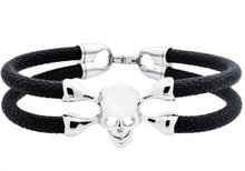 Load image into Gallery viewer, Mens Black Leather And Stainless Steel Skull Bracelet - Blackjack Jewelry
