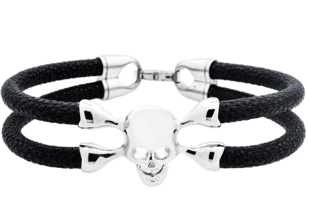 Mens Black Leather And Stainless Steel Skull Bracelet - Blackjack Jewelry
