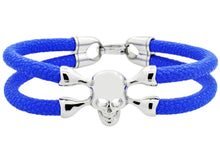 Load image into Gallery viewer, Mens Blue Leather And Stainless Steel Skull Bracelet - Blackjack Jewelry
