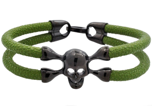 Mens Green Leather And Black Plated Stainless Steel Skull Bracelet - Blackjack Jewelry