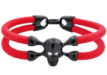 Load image into Gallery viewer, Mens Red Leather And Black Stainless Steel Skull Bracelet - Blackjack Jewelry

