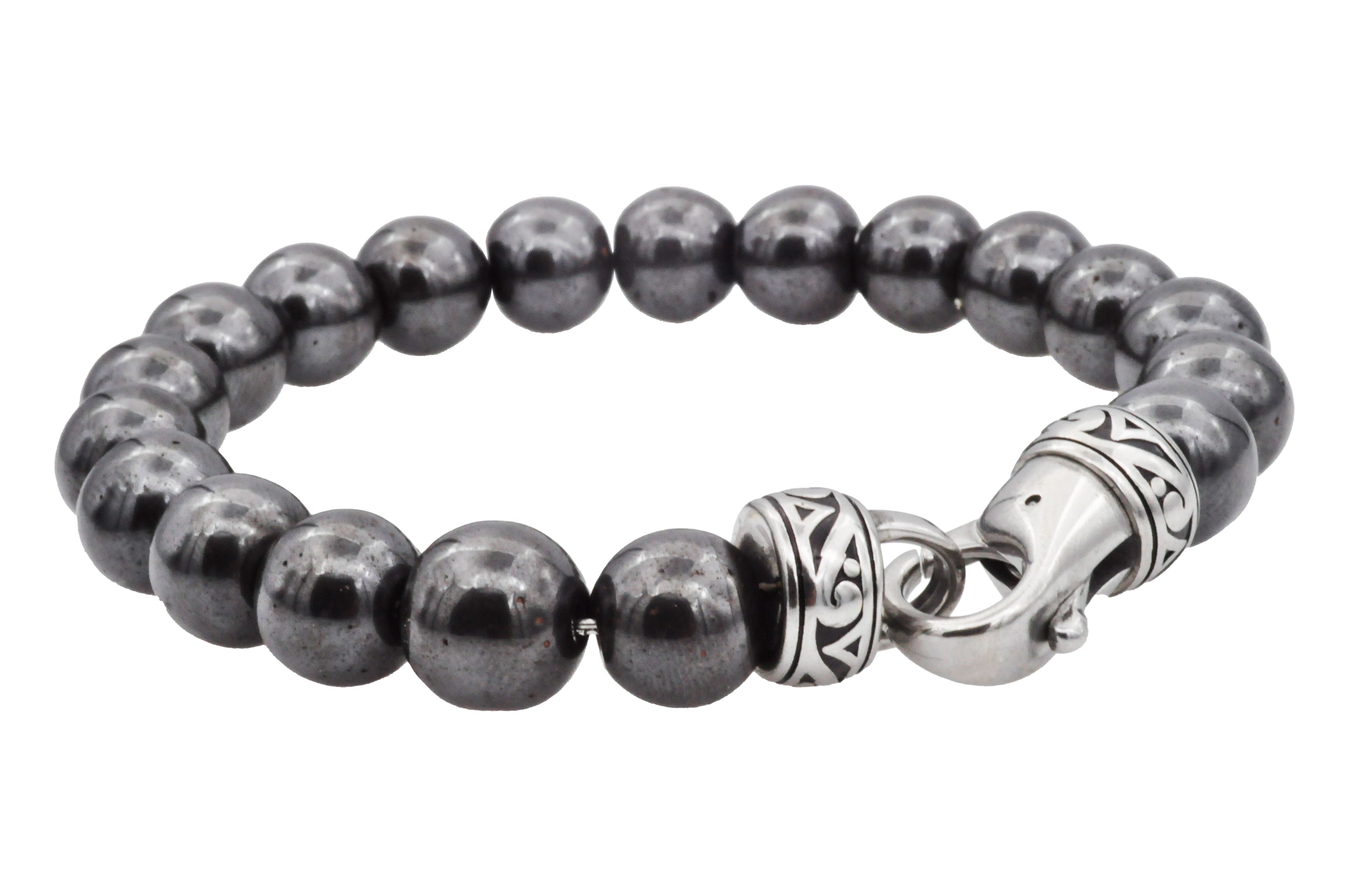 Men's Hematite Stone Antiqued Stainless Steel Clasp Beaded Bracelet (10mm)  - 8.5 : Target