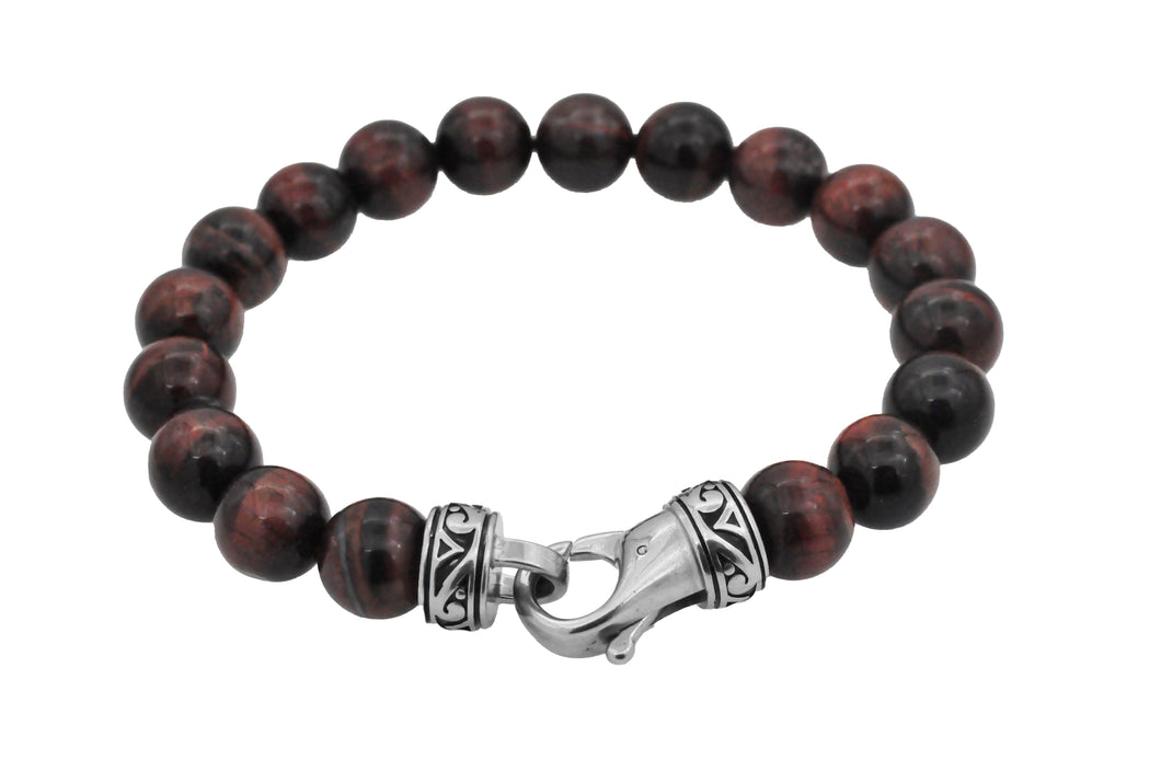 Mens Genuine Red Tiger Eye Stainless Steel Beaded Bracelet - Blackjack Jewelry