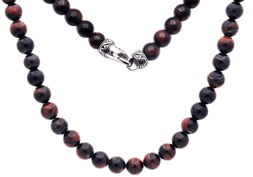 Mens Genuine 8mm Red Tiger Eye Stainless Steel Beaded Necklace - Blackjack Jewelry