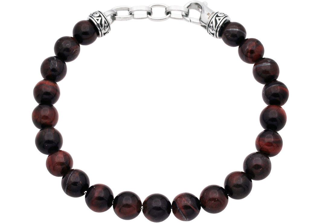 Mens Genuine 8mm Red Tiger Eye Bead Stainless Steel Bracelet - Blackjack Jewelry