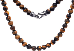 Mens Genuine 8mm Tiger Eye Stainless Steel Beaded Necklace - Blackjack Jewelry