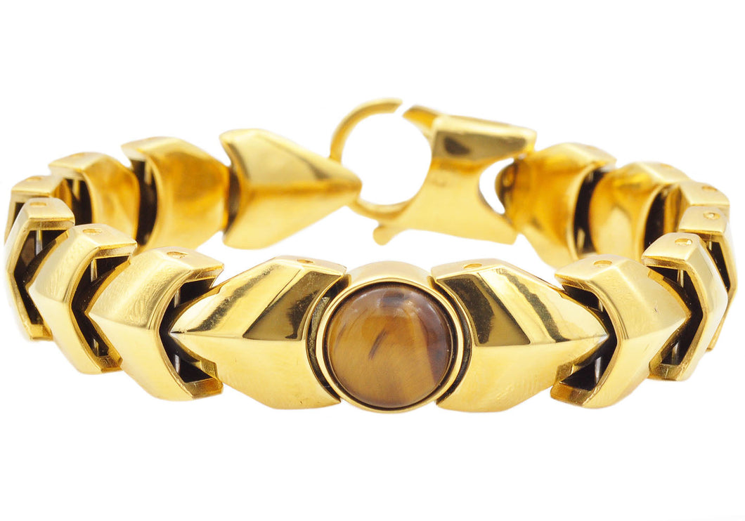 Mens Genuine Tiger Eye Gold Stainless Steel Bracelet - Blackjack Jewelry