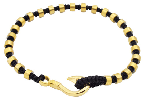 Mens Black Cotton Rope Gold Stainless Steel Hook Bracelet - Blackjack Jewelry